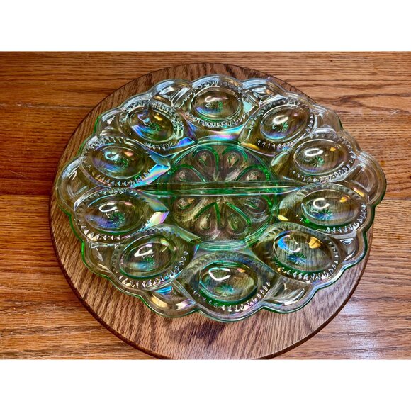 LE Smith Moon and Star Mint Green Carnival Glass Deviled Egg Plate - Picture 13 of 16
